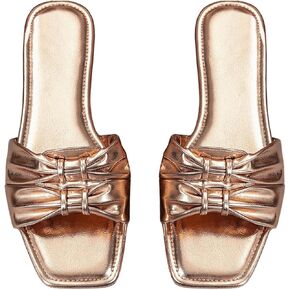 GORGLITTER Women's Bow Gold Sandals Dressy Metallic Ruched Slip on Flat Sandals Summer Shoes