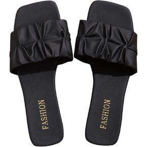 Women's Flat Sandals PU Leather Ruched Slide Sandals Square Open Toe Flat Sandal Dressy Beach Summer Shoes