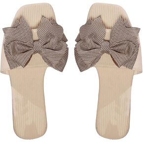 OYOANGLE Women's Striped Bow Flat Sandals Square Open Toe Casual Outdoor Slide Sandals
