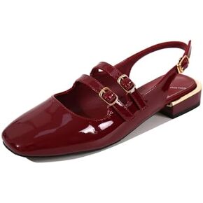 Women's Patent Leather Low Block Heel Mary Jane Sandals with Adjustable Ankle Straps Closed Square Toe Slingback Chunky Heel Pumps for Daily Work Prom Evening Dating