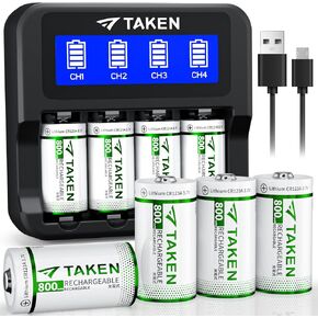 Taken CR123A Battery,8 Pack 123A 3.7V Rechargeable Batteries with Charger, 800mAh CR123 Battery Compatible with Arlo Cameras VMC3030 VMK3200 VMS3330 3430 3530,Flashlights