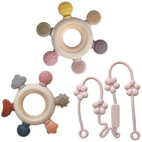 3 Packs Baby Teething Toys for 0-6 6-12 Months Babies, Baby Teether Rings with Pacifier Chain, Baby Chew Toys for Sucking Needs, BPA Free