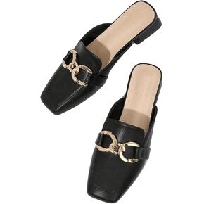 SweatyRocks Women's Metal Decor Square Toe Mule Shoes Elegant Open Back Slip on Loafers