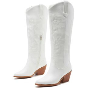 Cowgirl Boots Wide Calf Cowboy Boots Women Western Style Embroidered with Pointed Toe Chunky Heel Fashion Retro High Boot and Side Zipper Pull-On