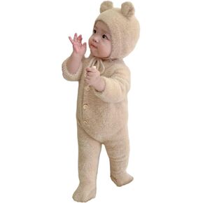 Newborn Infant Baby Girls Boys Jumpsuit Fleece Rompers Long Sleeve Footie Jumpsuit Hat Outwear Winter Warm