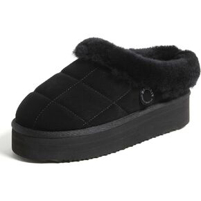 Dearfoams Women's Shearling Platform Slippers Bendigo Comfy Puff Plush Clog House Shoes