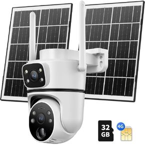 4G LTE Cellular Solar Security Camera Wireless Outdoor, W/Changeable SIM Card&32GB SD Card, PTZ 360° No Wifi Security Camera,Auto Tracking& Spotlight Alarm, Color Night Vision, Two-Way Audio