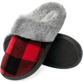 House Slippers for Women Indoor and Outdoor Memory Foam Fuzzy Slippers Bedroom Buffalo plaid Slip-on Shoes Christmas Gift