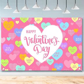 Happy Valentine's Day Backdrop Banner, Conversation Hearts Valentines Day Background Banner, Large Size Valentines Love Heart Photography Background for Romantic Valentine's Day Party Supplies