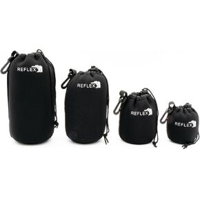 REFLEX CAMERA Drawstring Camera Lens Pouches 4 Pack (S/M/L/XL) Thick Padded Pouch Set for Maximum Protection Waterproof Shockproof Dust Resistant Neoprene Cases for Canon, Nikon, Pentax, Sony, Olympus