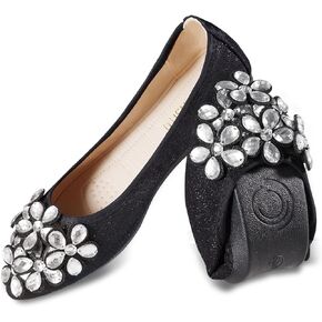 Women Ballet Flats Bling Cute Rhinestone Wedding Ballerina Shoes Foldable Sparkly Comfort Slip on Flat Shoes
