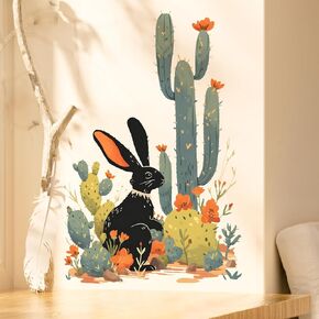 Black Rabbit with Cactus Wall Decal Nursery Animal Wall Sticker Removable Peel and Stick Plant Wall Art Decor for Kid Baby Classroom Preschool Living Room Playroom Bedroom School