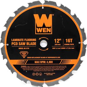 WEN BL1216 12-Inch 16-Tooth Diamond-Tipped (PCD) Professional Circular Saw Blade for Fiber Cement and Laminate Flooring