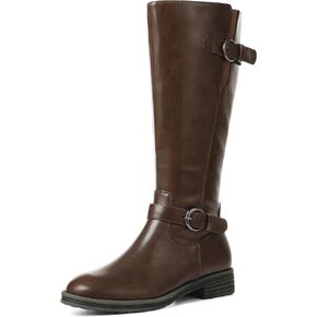 Eteridrey Knee High Boots Low Heel Faux Leather Boots for Women Round Toe Side Zipper Elastic Fall Boots Long Boots Comfy Walking Office Shoes