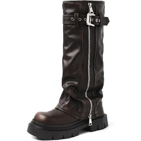 YIYA Women's Platform Fold Over Biker Knee High Boots Belt Buckle Square Toe Chunky Heel Zipper Tall Boots Motorcycle Long Combat Boots