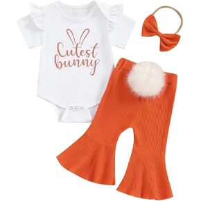 Newborn Baby Girls Bunny Outfits - Infant Easter Ruffle Romper Onesie Top Tail Flare Pants Bell Bottom Headband Set