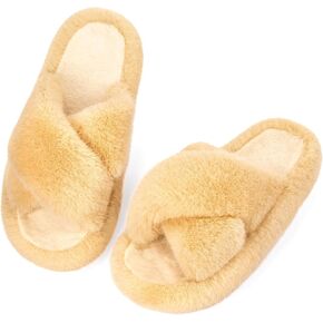 Women's Fuzzy Slippers Open Toe House Slippers Memery Foam Bedroom Slippers Cross Band Slippers for Indoor and Outdoor