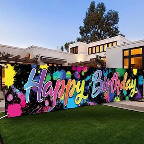 118 x 20 Inches Neon Glow In The Dark Happy Birthday Yard Banner Sign Color Graffiti Splash Paint Polyester Children Baby Shower Party Decorations Supplies Indoor Outdoor
