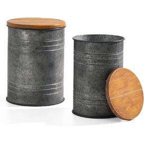 Glitzhome Rustic End Table Set of 2, Farmhouse Galvanized Metal Barrel Ottoman Storage Stool with Round Wood Lid for Living Room Furniture, Grey