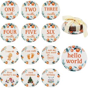 Funmemoir 13PCS Orange Wooden Baby Monthly Photo Cards, Hello World Wooden Photo Booth Props, Newborn Baby Growth Monthly Photo Cards for Orange Theme Baby Shower 1st Birthday Party