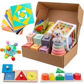 8 in 1 Montessori Toys for Babies 6-12 Months, Learning Educational Sensory Teething Toys for Infants, Wooden Colour Shape Sorter Stacking Toys, Developmental Toys for 1 Year Old Set Gifts