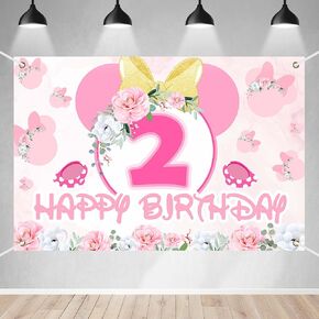 Cartoon Mouse Pattern Happy 2nd Birthday Banner Backdrop Beautiful Pink Flowers Theme Background Decor for Girls Princess Second Birthday Party Favors Decorations Supplies 70.8x47.2in-BECKTEN