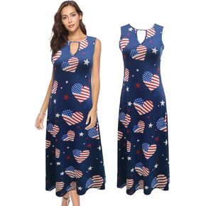 Women 4th of July American Flag Patriotic Dress Stars Stripe Sleeveless Maxi Dress for Women