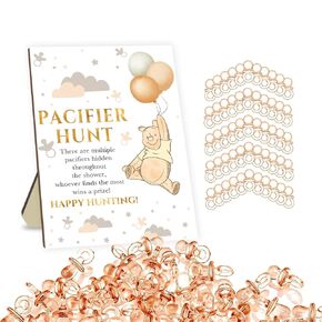 Winnie Pacifiers Baby Shower Games Set, Includes Winnie Pacifier Hunt Sign and 50Pcs Brown Mini Pacifier, Baby Pacifier Hunt Sign, Pacifiers Hunt Party Games