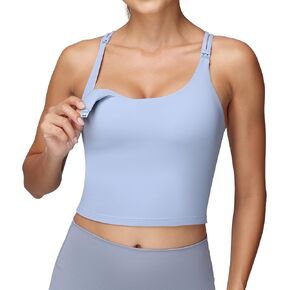 Foucome Nursing Tank Tops for Breastfeeding Longline Nursing Sports Bra Cross Back Workout Crop Top with Built in Bra Light Blue, XXL