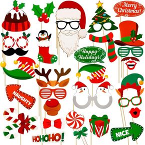 32 Pcs Christmas Photo Booth Props Kit Christmas Party Supplies Xmas DIY Props for Adults Party Decoration Christmas Pose Sign for Photoshoot for Selfie Holiday Christmas Photo for Photography