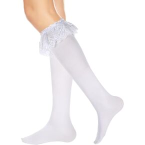 Lace Ruffle Knee High Socks Cute White Loli Frilly Socks for Women，Lace Womens Dress Socks for Girls, White Lolita Socks for Women Lady Grils