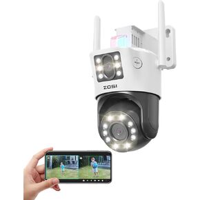 ZOSI C298 SE 6MP Dual-Lens(4MP+2MP) Wired WiFi PT Plug-in Security Camera Outdoor, 360 View Pan/Tilt Camera, Human/Vehicle Detect, Color Night Vision, Spotlight Siren, Two-Way Talk, SD/Cloud Storage