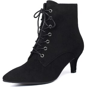 SEIFIN Women's Kitten Heels Lace Up Ankle Boots Low Mid Heeled Side Zipper Short Booties Pointed-toe Shoes