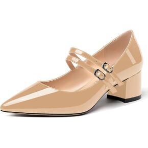 MERRORI Women's Block Pointed Toe Solid Buckle Adjustable Strap Patent Chunky Low Heel Pumps Shoes 2 Inch