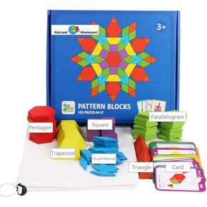 Math/Sensorial - Shapes Construction Set 155 Pcs Wooden Pattern Blocks Geometric Shape Puzzle Classic Educational Montessori Tangram Shapes Toys for Kids Ages 3-8 with 24 Pcs Cards