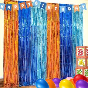 Blue Dog Birthday Party Decorations,2 Packs Orange&Blue&Light Blue Foil Fringe Curtains Blue Dog Birthday Party Suppiles, Photo Booth Props for Easter Blue Dog Backdrop Streamers Party Decorations