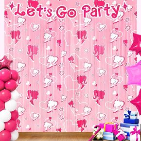 3Pack Pink Girls Theme Birthday Party Decoration, 2Pcs 3.3x6.6ft Tinsel Foil Fringe Curtains and 1Pcs Banner, Hot Pink Photo Booth Prop Backdrop Streamer, for Girls Woman Birthday Party Decor Supplies