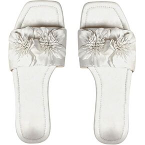 GORGLITTER Women's 3D Flower Decor Flats Shoes Square Open Toe Single Band Slide Sandals