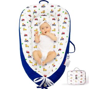 Baby Lounger for Newborn 0-24 Months – 100% Cotton, Breathable & Soft Baby Nest – Reversible Infant Lounger for Boy & Girl - Portable Floor Seat for Home & Travel (Royal Blue, Little Driver)