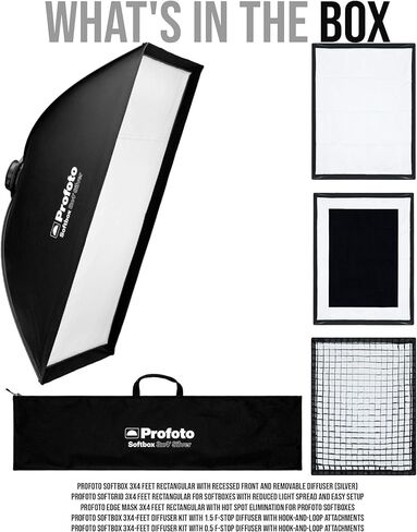 Profoto Softbox 3 × 4 أقدام مستطيلة مستطيلة الحزمة (Silver) مع حزمة ناعمة 3 × 4 أقدام ، قناع حافة 3 × 4 أقدام ، مجموعة نماذج ناعم 1.5 f-stop ، ومجموعة ناعم ناعمة 0.5 F-Stop Diffuser Kit (5 عناصر) in Kuwait