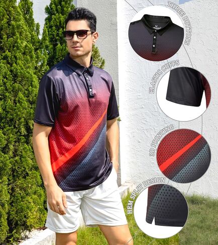 uideazone Mens Golf Shirt Dry Fit Athletic Polo Shirts Moisture Wicking Performance 3D Print Short Sleeve in Kuwait
