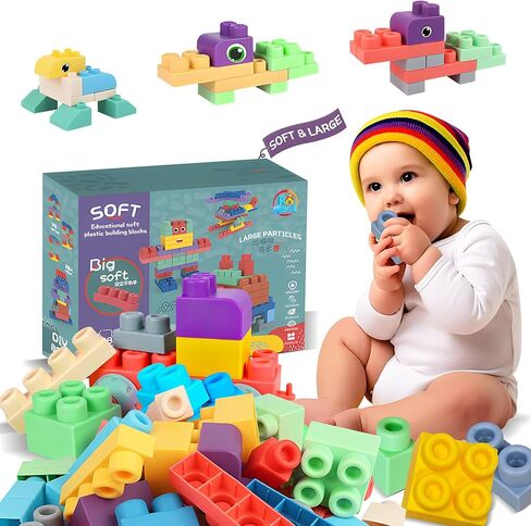 Soft Building Blocks for Toddlers, Baby Blocks Stacking Blocks for Toddlers 1-3 STEM Toddler Gifts, Baby Soft Rubber Block Compatible with Mega Building Blocks for Preschool, 40 PCS in Saudi Arabia