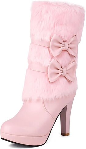 Wenoreg Women's Bowknot Furry High Heel Mid Calf Boots ، Side Side shipper Winter Sweet Warm Warm Fuch Cloy Outdoor Round Toe At High Cheel Boots in Kuwait