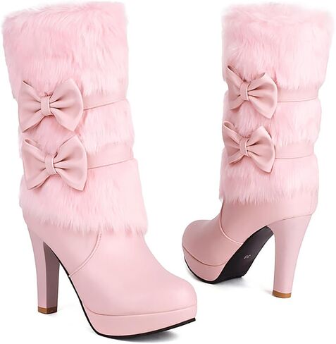 Wenoreg Women's Bowknot Furry High Heel Mid Calf Boots ، Side Side shipper Winter Sweet Warm Warm Fuch Cloy Outdoor Round Toe At High Cheel Boots in Kuwait