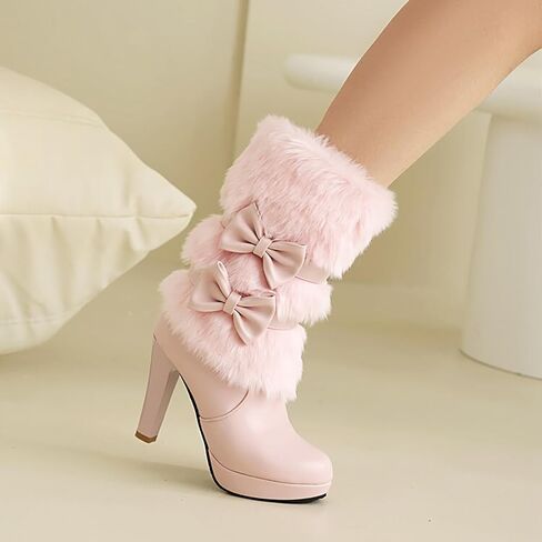 Wenoreg Women's Bowknot Furry High Heel Mid Calf Boots ، Side Side shipper Winter Sweet Warm Warm Fuch Cloy Outdoor Round Toe At High Cheel Boots in Kuwait
