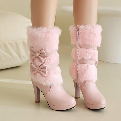 Wenoreg Women's Bowknot Furry High Heel Mid Calf Boots ، Side Side shipper Winter Sweet Warm Warm Fuch Cloy Outdoor Round Toe At High Cheel Boots in Kuwait