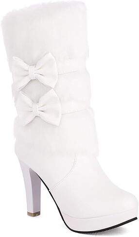 Wenoreg Women's Bowknot Furry High Heel Mid Calf Boots ، Side Side shipper Winter Sweet Warm Warm Fuch Cloy Outdoor Round Toe At High Cheel Boots in Kuwait
