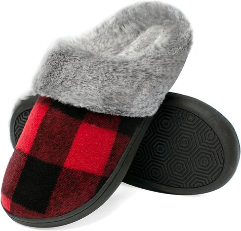 House Slippers for Women Indoor and Outdoor Memory Foam Fuzzy Slippers Bedroom Buffalo plaid Slip-on Shoes Christmas Gift in Saudi Arabia