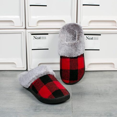 House Slippers for Women Indoor and Outdoor Memory Foam Fuzzy Slippers Bedroom Buffalo plaid Slip-on Shoes Christmas Gift in Saudi Arabia