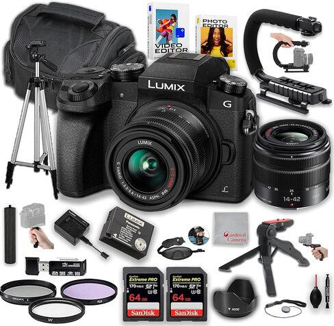 Panasonic Lumix G7 Mirrorless Camera with Panasonic Lumix G Vario 14-42mm Lens | 16MP | U Grip, Software, Filters, 128GB Memory, Tripod Bundle & More, compact, Black in Saudi Arabia